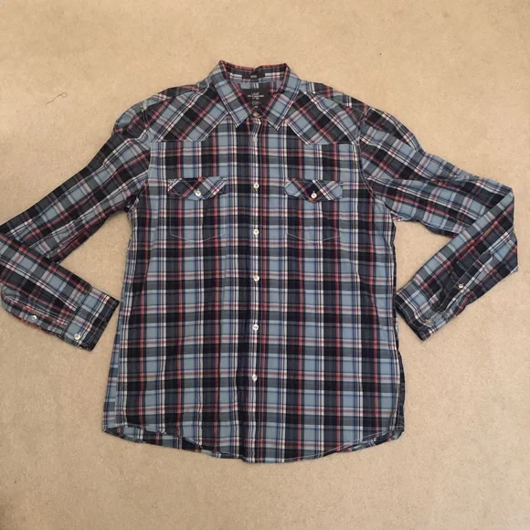 H&M L.O.G.G. Fitted Plaid Long Sleeve Button Down Shirt red white blue size XL - Picture 1 of 5
